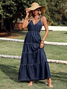 Breezaya Women's Backless Spaghetti Strap Extra Long Denim Dress, Vacation - Dark Wash - View 7