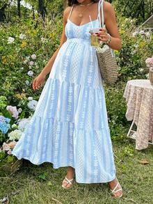 SHEIN 孕妇度假休闲几何印花无袖连衣裙 - 藍色 - 查看 1