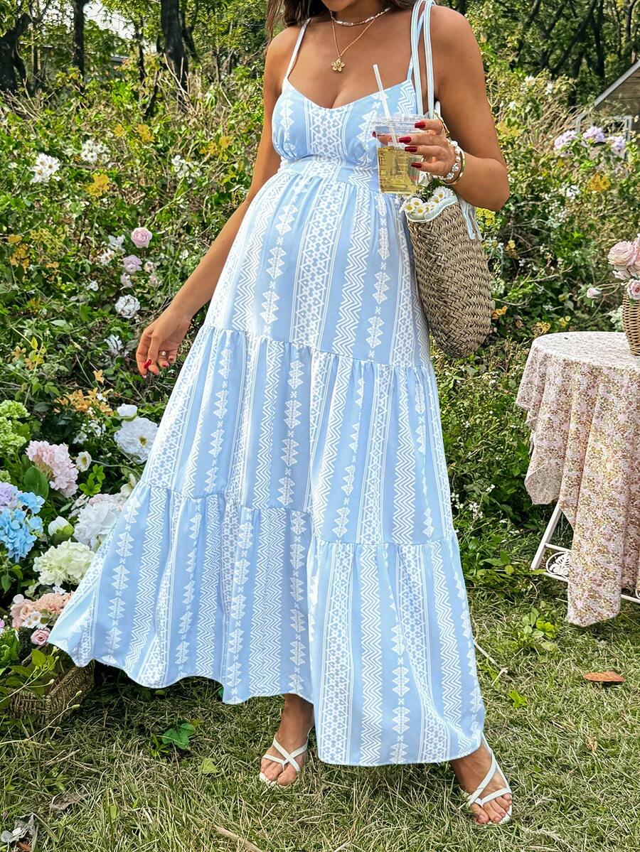 SHEIN 孕妇度假休闲几何印花无袖连衣裙 - 藍色 - 查看 1