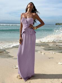 Opulessa Bộ 2 món gồm áo quây dệt trơn và chân váy đuôi cá cạp cao dành cho nữ. - Màu tím  Violet - Xem 5