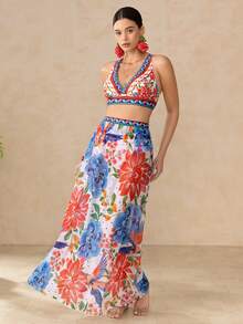 Swim Oasis 女士夏季沙滩印花时尚性感比基尼泳衣套装，含罩衫和裙子 - 彩色 - 查看 4