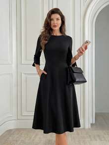 Medorina Vestido elegante de longitud media con cuello redondo, mangas 3/4 y bolsillo en la cintura deunicoloro para mujer - Negro - Ver 4