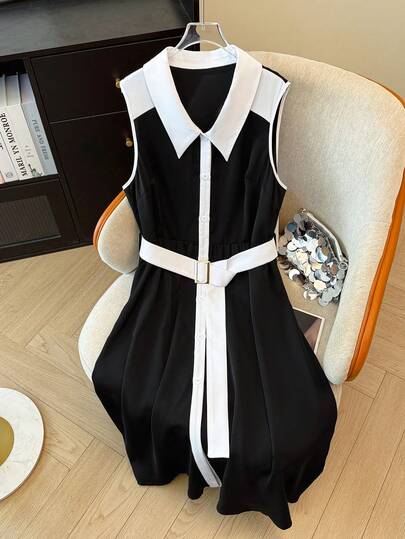 GlowEve CURVE 大码衬衫领纽扣拼接撞色长款收腰连衣裙（女款）