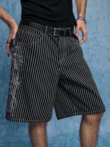 ROMWE MEN Street Life Men's Striped Letter Embroidered Pocket Casual Denim Shorts - Black - View 5