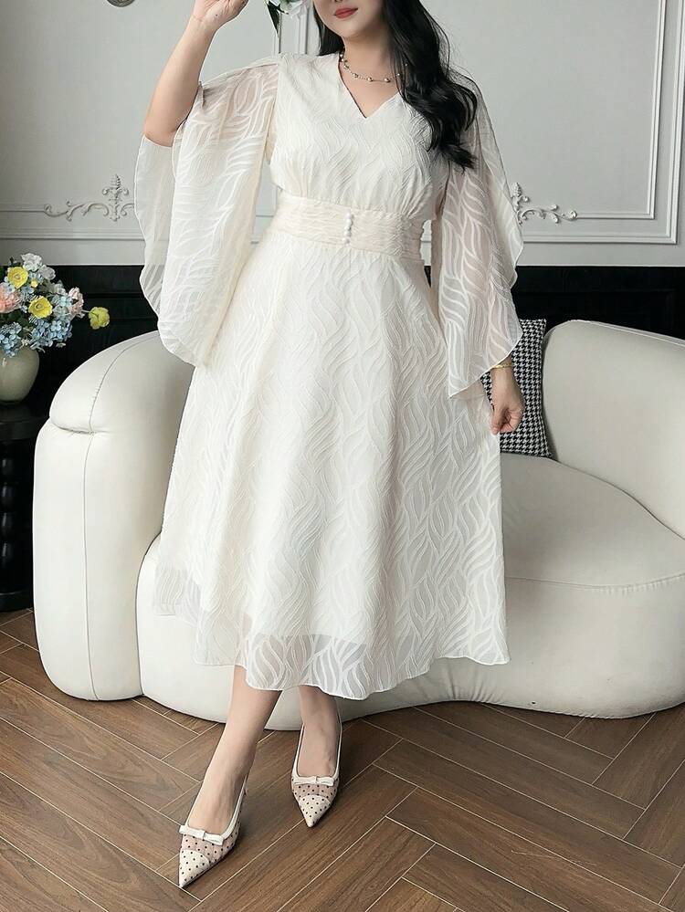 Dazy Plus Plus Size Elegant V-Neck Cinched Waist Textured Flare Sleeve Dress, Summer Sundress