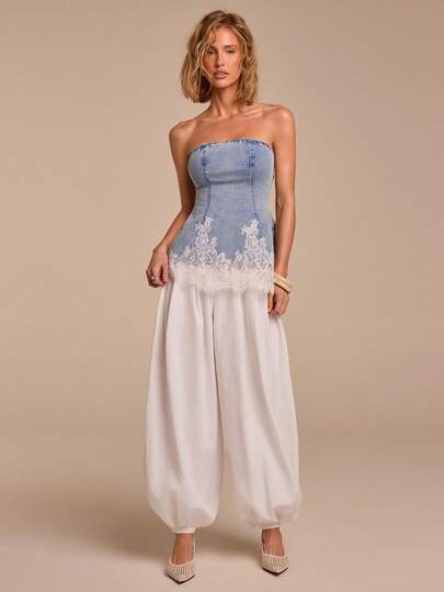 COSMINA 牛仔抹胸上衣，修身牛仔上衣，撞色蕾丝，时尚蕾丝牛仔上衣，蓝色牛仔拼接白色蕾丝，适合约会、街头风、日常穿着，夏季女士牛仔上衣，度假牛仔上衣，时尚牛仔单品，必备牛仔上衣