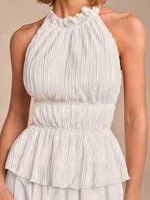 COSMINA Women's White Halter Neck Ruched Sleeveless Top, Elegant Solid Color Ruched Tank Top, Casual Vacation Y2K Romantic Date Daily Wear Halter Top - White - View 1