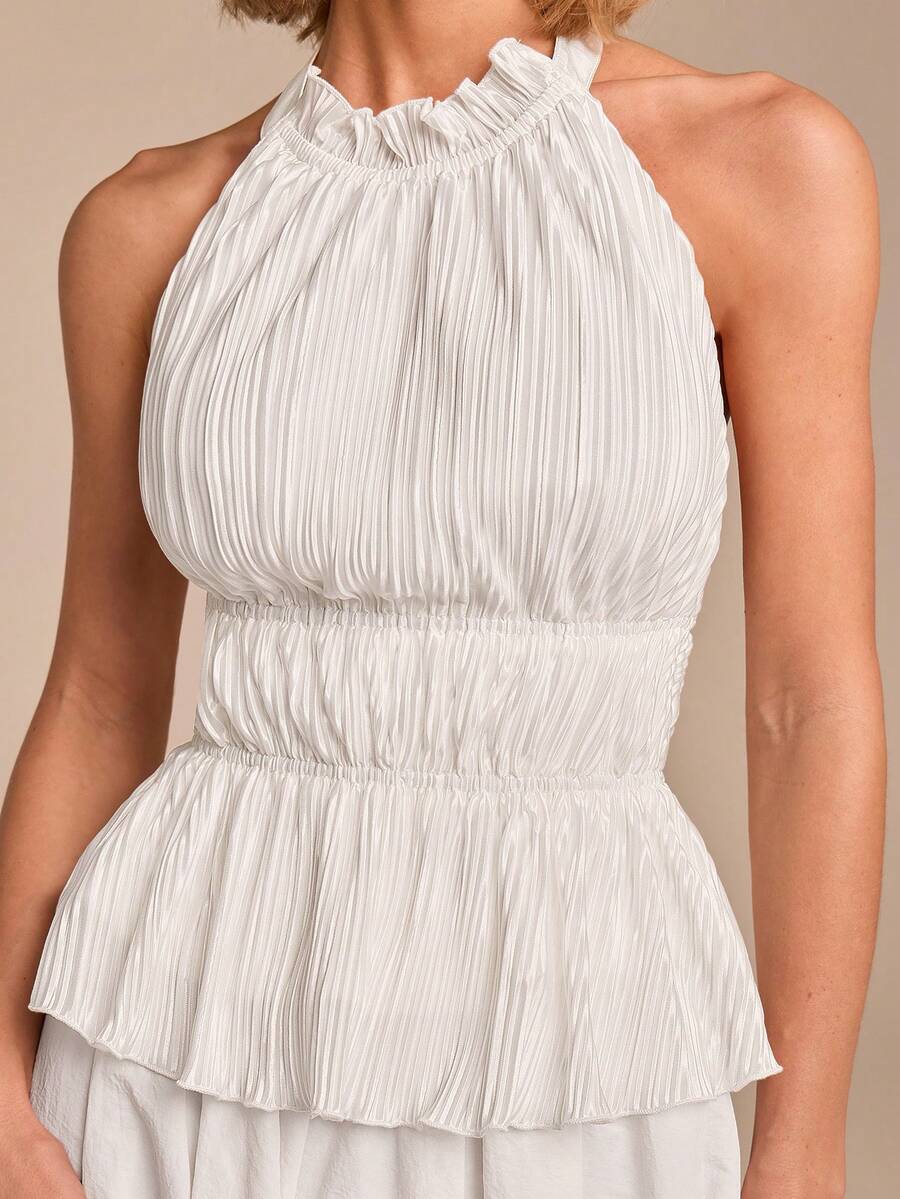 COSMINA Women's White Halter Neck Ruched Sleeveless Top, Elegant Solid Color Ruched Tank Top, Casual Vacation Y2K Romantic Date Daily Wear Halter Top - White - View 1