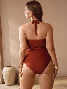 Swim Chiccia 新款夏季海滩度假棕色优雅加大码连体泳衣，显瘦优雅女士假日泳装 - 棕色 - 查看 2