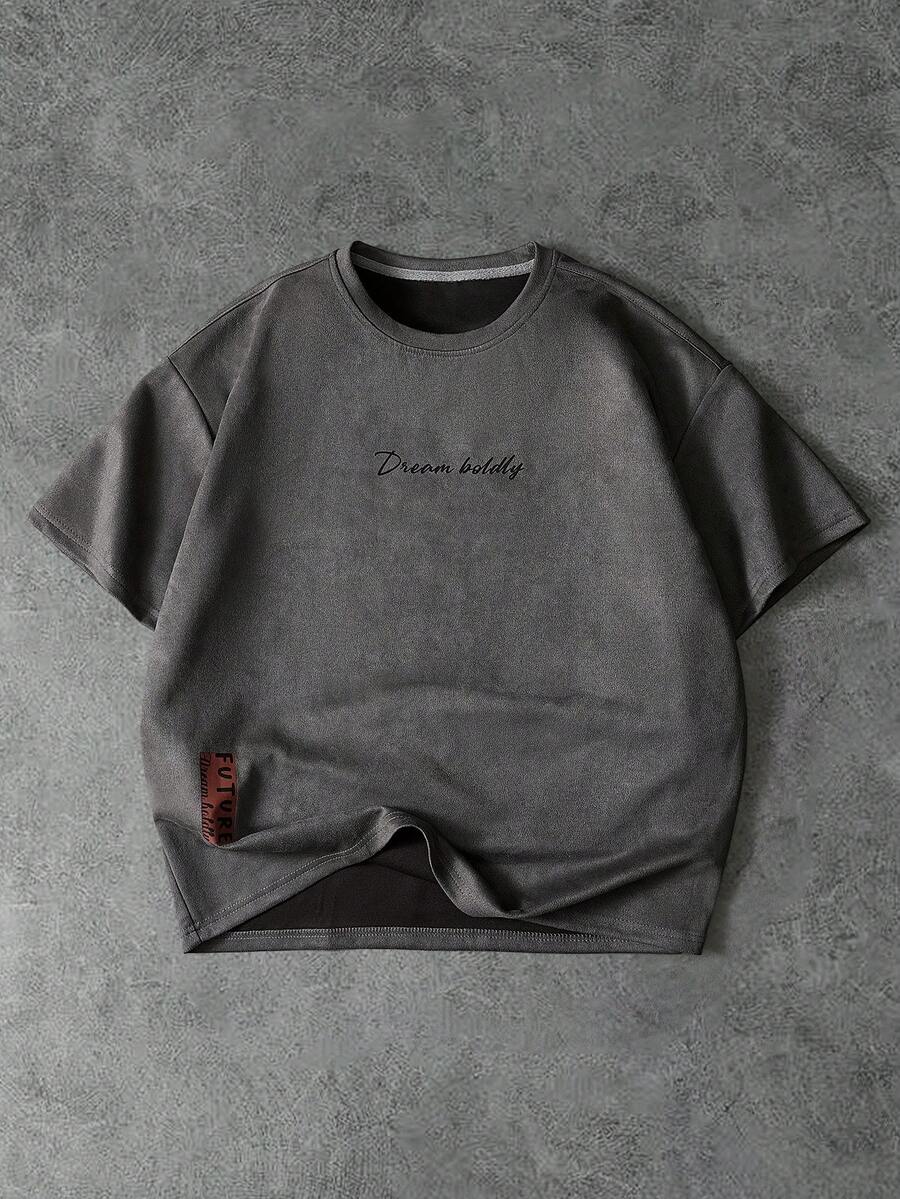 PAVTROS Men Casual Letter Printed Vintage Short Sleeve T-Shirt, Boyfriend Gift, For Going Out, Fall Fleece - Grey - View 1