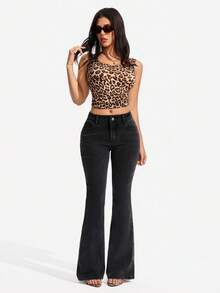 SHEIN PETITE Women Casual Street Fashionable Simple Plain Flared Jeans - Black - View 4