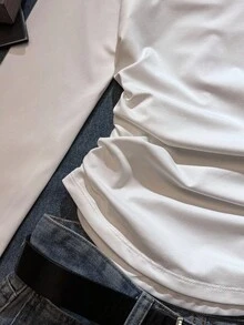 Attitoon Women's Casual Fashion, College Style Badge & Number 23 Print Turndown Collar Long Sleeve T-Shirt, Tight Fit Autumn/Winter Undershirt, White Top, White T-Shirt - White - View 5