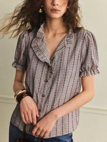 Écloséra Blusa elegante y versátil de manga corta con cuello de volantes, contraste de color, bordado y estampado de cuadros vintage para uso diario y casual, primavera/verano - Caqui - Ver 5
