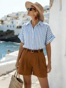 Franclia Conjunto casual y elegante de camisa de manga corta de corte holgado a rayas y shorts de color contrastante para mujer (con cinturón), versátil para vacaciones, negocios, citas, fiestas, playa y uso diario en verano - Multicolor - Ver 8