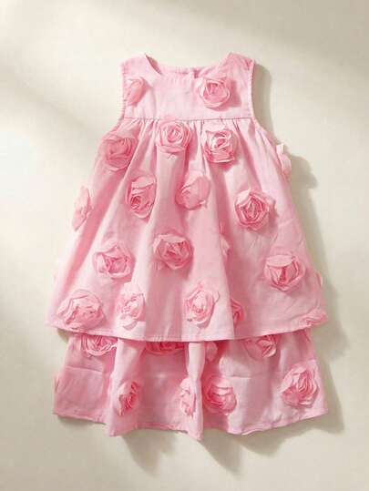 Maija Kids 1pc Young Girls' Casual Elegant Detailed Loose 3D Rose Decor Round Neck Sleeveless Pink Dress, Suitable For Daily Wear, Back To School, Outings, Gatherings, Festivals, Parties, Spring, Summer, Weddings