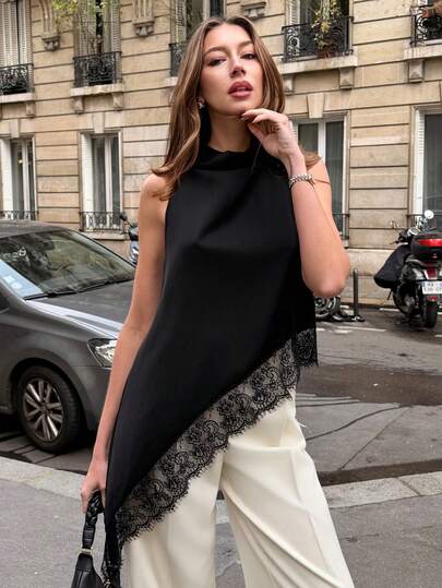 Pariaura Women's Solid Color Halter Neck Asymmetric Hem Lace Patchwork Blouse, Elegant Shirt For Summer