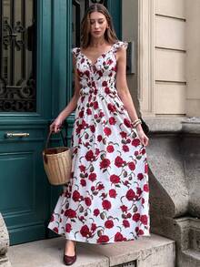 Pariaura Vestido elegante con estampado floral y cintura fruncida para fiesta - Rojo - Ver 4