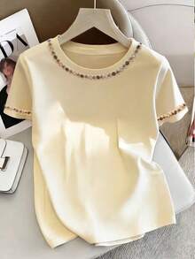 Resyla Women's Casual Embellished Short Sleeve T-Shirt, Summer - Apricot - View 1