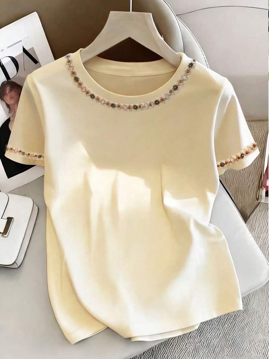 Resyla Women's Casual Embellished Short Sleeve T-Shirt, Summer - Apricot - View 1