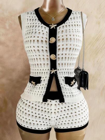 Breezaya Spring/Summer Unique High-End Knit Set, White & Black Contrast Hollow-Out Knit Vest + Shorts, Starfish & Shell Decor Unique & Eye-Catching, Contrast Color Details Exquisite, Slim Fit Flattering Silhouette, Niche Yet Elevated Spring/Summer Outfit