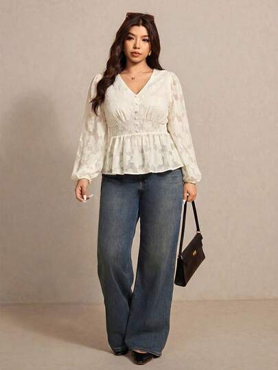 Elaquor Plus Size Women Shirred Lantern Sleeve Shirred Waist Ruffled Hem Fashionable Blouse