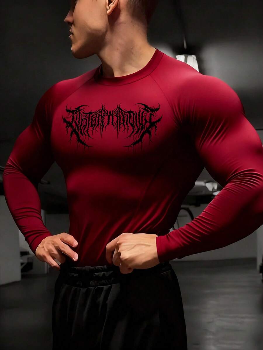 GymBeat 男士极简印花圆领长袖运动T恤 紧身衣 - 酒紅色 - 查看 1