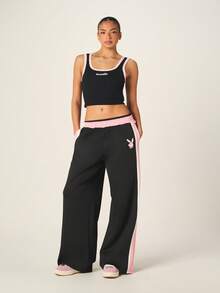 Missguided x Playboy Kontrastfarbige Bindung, quadratischer Ausschnitt, Träger-Top, geripptes ärmelloses Tanktop, Sommer Basis Layering Essentiell, Lässig Fitted Crop Stil - Schwarz - Übersicht 4