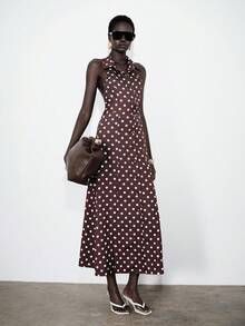 Lumivelle Women's Sleeveless Polka Dot Belted Dress With Mandarin Collar And Open Front - Dark Brown - View 6