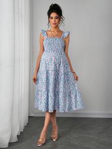 Momance Maternity Sleeveless Square Neck Ruffle Hem Casual Bohemian Midi Dress, Suitable For Baby Shower Photo Shoot - Multicolor - View 8