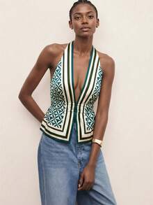 CAJUNI 女士绿色和白色夏季梭织修身上衣，深V露背吊带设计，配有可调节系带，饰有艺术几何图案，腰部收褶细节，波西米亚风度假上衣，适合海滩度假、节日和夏季派对、夏季假期、春季女性穿着、情人节、女士狂欢节服装、女士海滩度假等场合，围巾印花上衣，吊带上衣，几何印花上衣，V领上衣，无袖上衣 - 墨綠色 - 查看 7