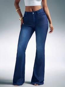 Denimoi 高弹针织牛仔喇叭裤 性感牛仔裤 修身牛仔裤 - 深色水洗藍 - 查看 1