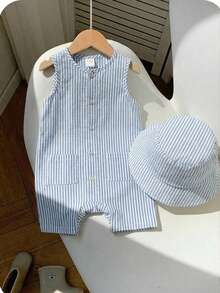 2-Piece Set With Free Hat: Baby Boy Baby Girl Summer Apricot Striped Crew Neck Sleeveless Jumpsuit And Vacation Casual Bucket Hat, Perfect For Travel - Blue - View 1