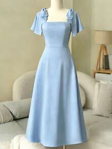 EMERY ROSE 女士蓝色方领蝴蝶结露背系带喇叭连衣裙，设计优雅，品质上乘，适合生日礼物、约会、派对、情人节、劳动节、教师节、返校、旅行等场合，春夏新款时尚连衣裙 - 藍色 - 查看 4