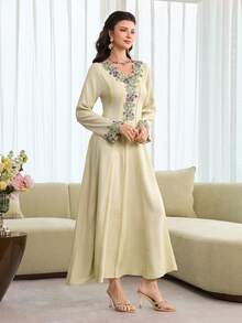 Al Najma Embroidered Lace Trim Splice Elegant Elegant Fashion Long Sleeve Modest Dress - Apricot - View 6