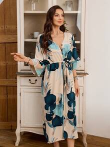 SHEIN Bata de mujer con estampado de hojas, cuello en V y cintura ceñida, de manga corta - Multicolor - Ver 4