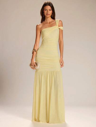 SHEIN BAE Vestido asimétrico de línea A de color amarillo sólido para mujer, vestido elegante de vacaciones, vestido de dama de honor, adecuado para la temporada de graduación