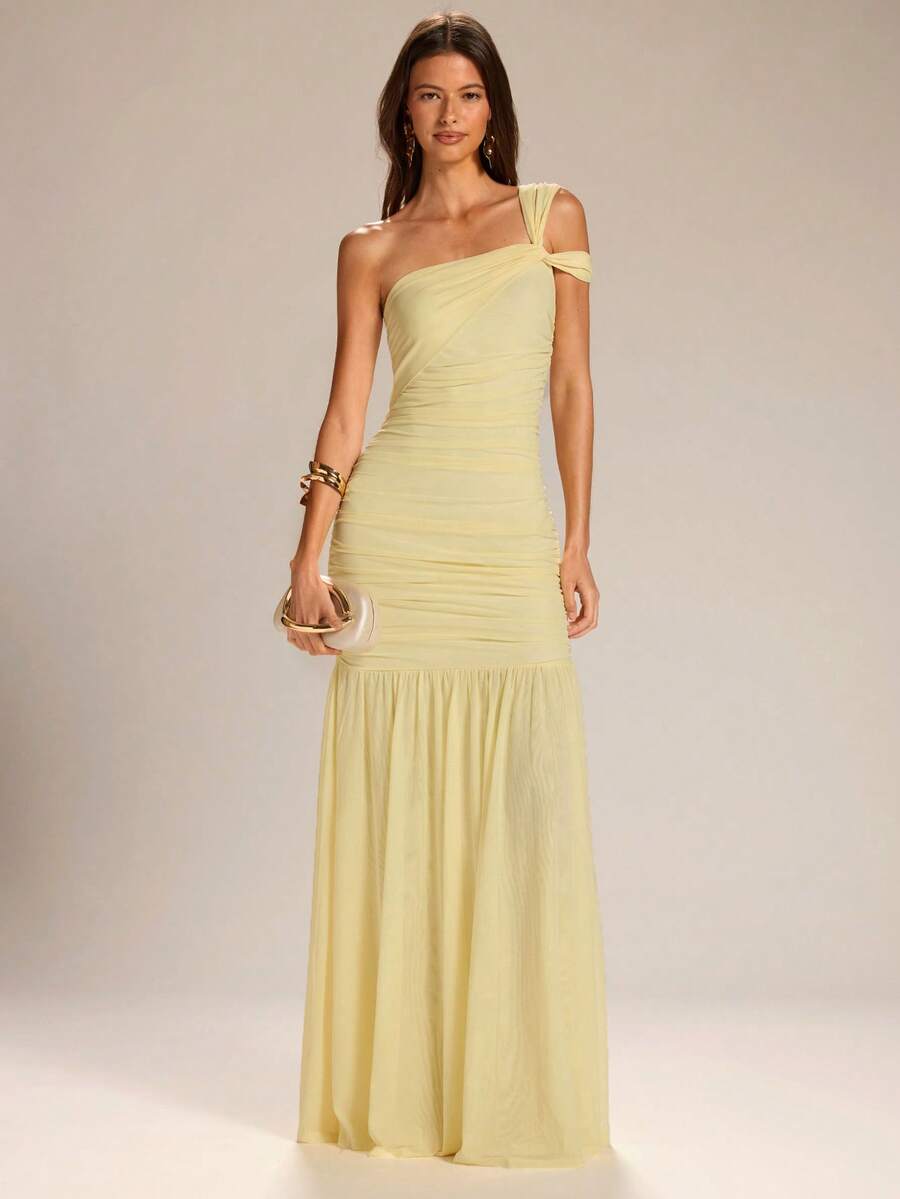 SHEIN BAE 女士纯黄色不对称肩部A字连衣裙，优雅度假裙，伴娘礼服，适合毕业季穿着 - 黃色 - 查看 1