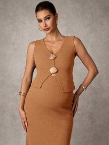 MaterniChic Maternity Elegant Metal Shell Decor Camisole And Skirt 2 Pieces Set, Summer - Orange - View 5