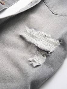 Manfinity LEGND Men's Casual Distressed Dark Grey Denim Short Sleeve Shirt, Street Style - Dark Grey - View 8