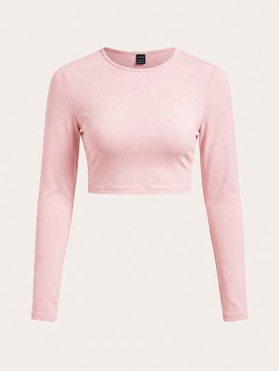 SHEIN BASICS Women's Solid Color Round Neck Long Sleeve Casual Cropped T-Shirt Light Pink Tops Pink Crop Top Women Pink Long Sleeve Top Long Sleeve Crop Top