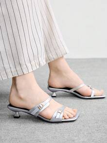 CUCCOO BIZCHIC 春夏新款户外女士黑色方头露趾高跟凉鞋 女士细高跟法式裙摆绑带凉鞋 - 銀色 - 查看 4