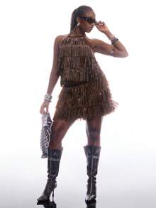 LYSMO Plus Size Sleeveless Casual Rave Party Top With Rhinestone & Tassel Decor, Suitable For Music Festivals In Spring/Summer - Brown - View 7