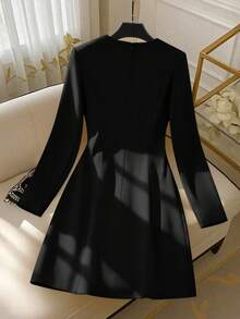 INAWLY Elegantes Pendler-Kleid mit Schleifen-Dekor für Neujahr und Valentinstag, Langarm für Damen - Schwarz - Übersicht 3