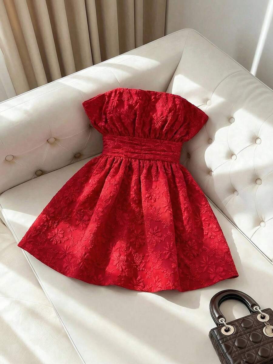 Firerie Đầm mini dáng chữ A cạp cao, không dây vai, màu đỏ thanh lịch, tinh tế, lãng mạn và quyến rũ dành cho nữ, thích hợp cho ngày Valentine, tiệc tùng, đám cưới, lễ hội. - Đỏ - Xem 1