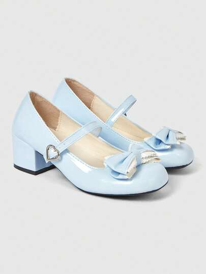 ROMWE Kawaii Women's Pink Mary Jane Shoes, Chunky Heel Formal Work Shoes, College Style Bow Buckle Strap Loafers For Christmas And New Year Holiday Vibe Fall And Winter