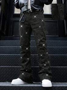 ROMWE MEN Men's Fashion Commuter Rhinestone Embellished Flared Jeans - Black - View 2
