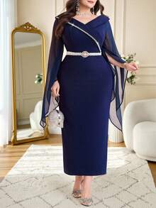 Modelyn 大码女式纯色网纱拼接喇叭袖修身优雅连衣裙 - 藏蓝色 - 查看 3