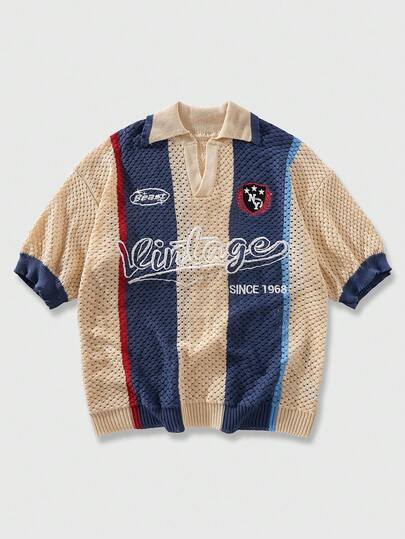 ROMWE MEN Men's Color Block Letter & Number Print Casual Versatile Daily Wear Knit Short Sleeve Top