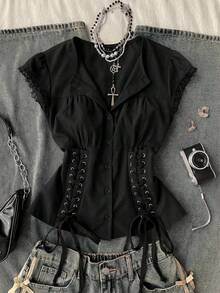 Attitoon 女士休闲复古系带褶皱修身衬衫，适合Y2K风格 - 黑色 - 查看 1