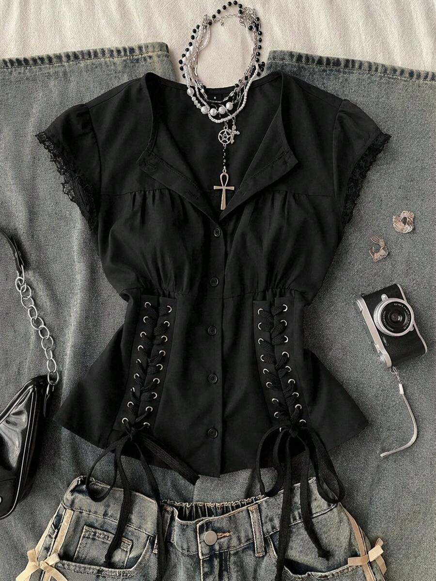 Attitoon 女士休闲复古系带褶皱修身衬衫，适合Y2K风格 - 黑色 - 查看 1